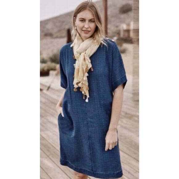 PureJill Indigo Shift Dress SP Denim Chambray Short Sleeve Fall Lagenlook Boxy - Picture 2 of 11